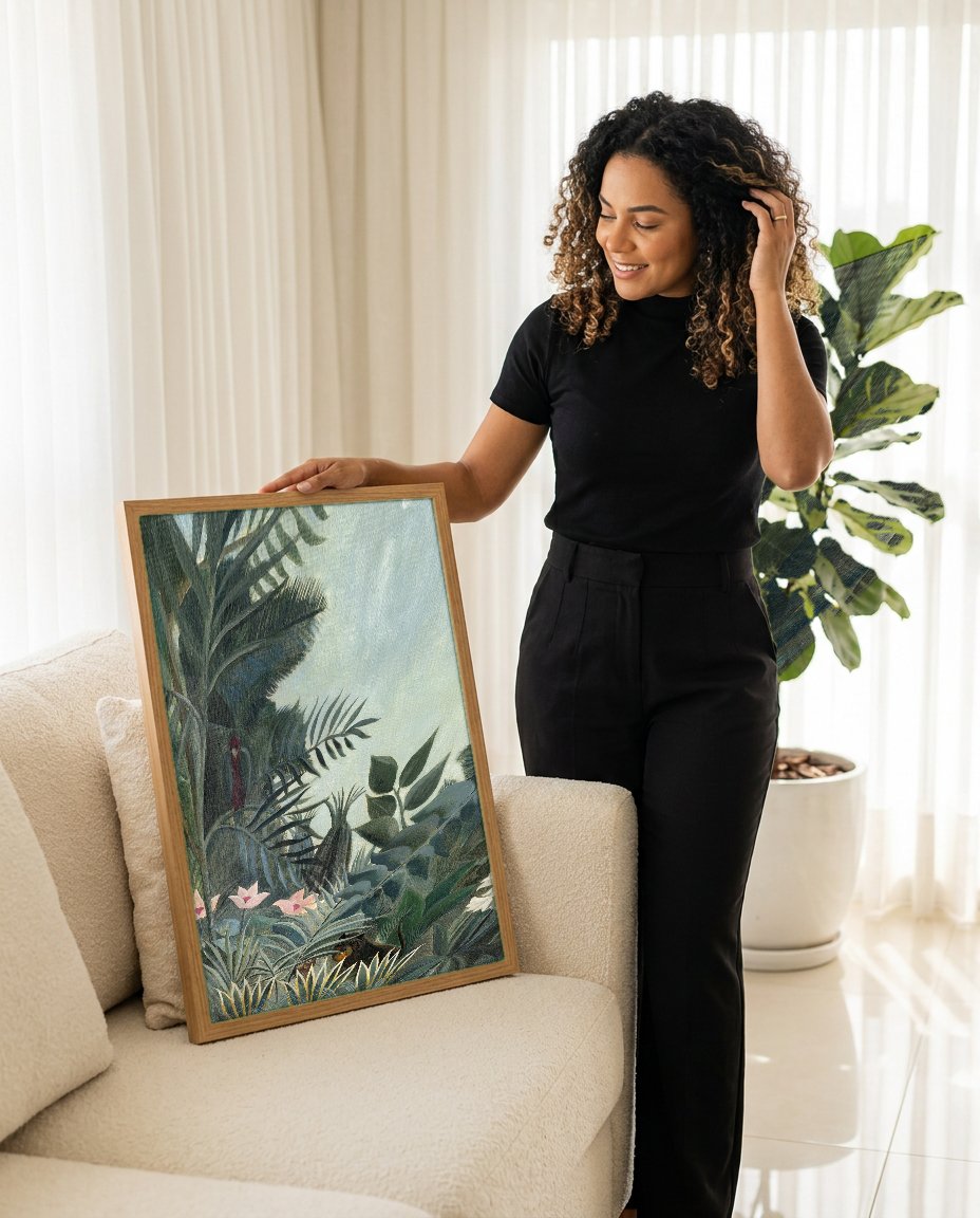 Quadro Decorativo A Selva Tropical - Henri Rousseau com modelo em ambiente