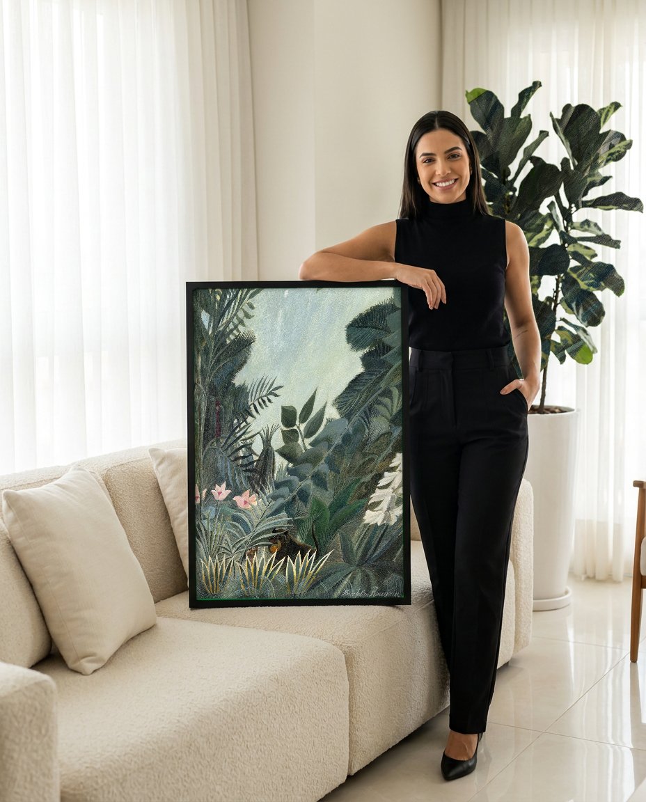Quadro Decorativo A Selva Tropical - Henri Rousseau com modelo em ambiente