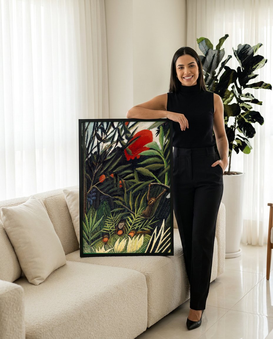 Quadro Decorativo A Selva Tropical - Henri Rousseau com modelo em ambiente