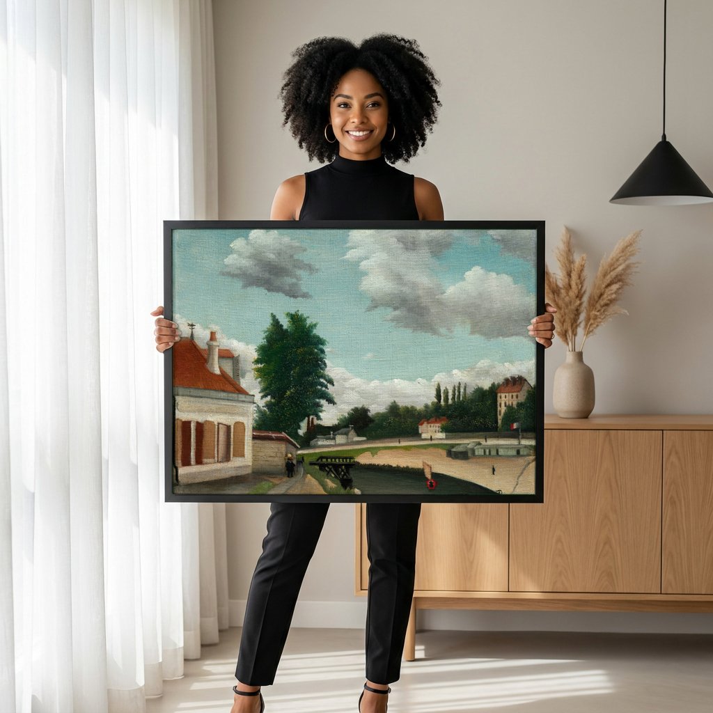 Quadro Decorativo Paisagem Fluvial - Henri Rousseau com modelo em ambiente