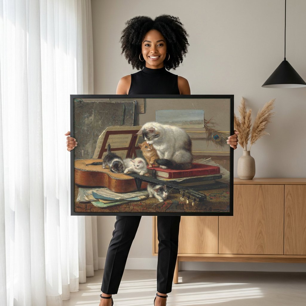 Quadro Decorativo Gatos com Violão – Henriëtte Ronner-Knip com modelo em ambiente