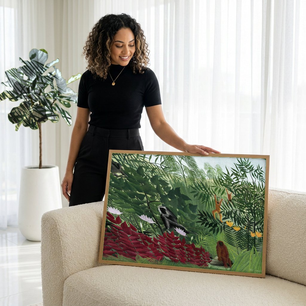 Quadro Decorativo A Selva Tropical - Henri Rousseau com modelo em ambiente
