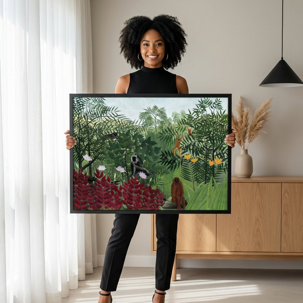 Quadro Decorativo A Selva Tropical - Henri Rousseau com modelo em ambiente