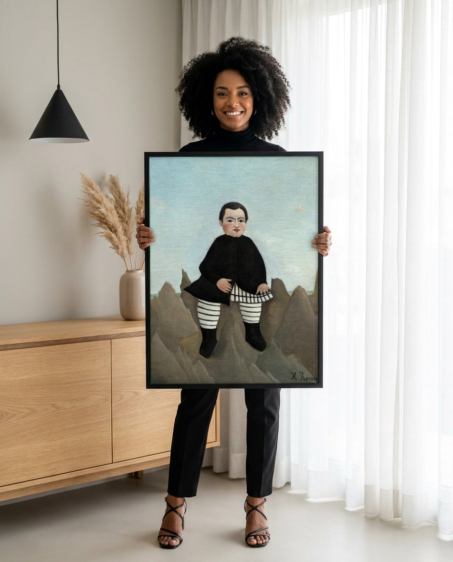 Quadro Decorativo Criança na Rocha - Henri Rousseau com modelo em ambiente
