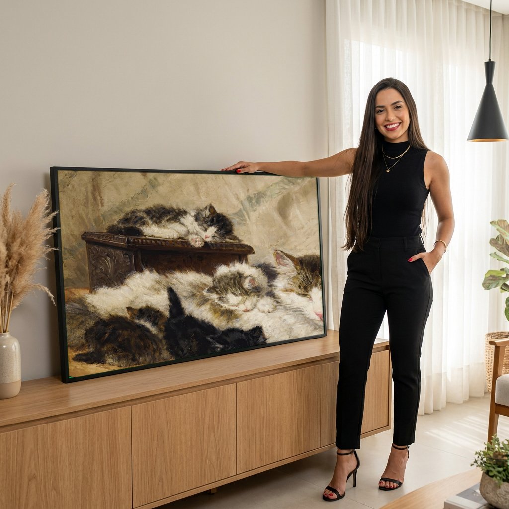 Quadro Decorativo Gatos e Filhotes - Henriëtte Ronner-Knip com modelo em ambiente