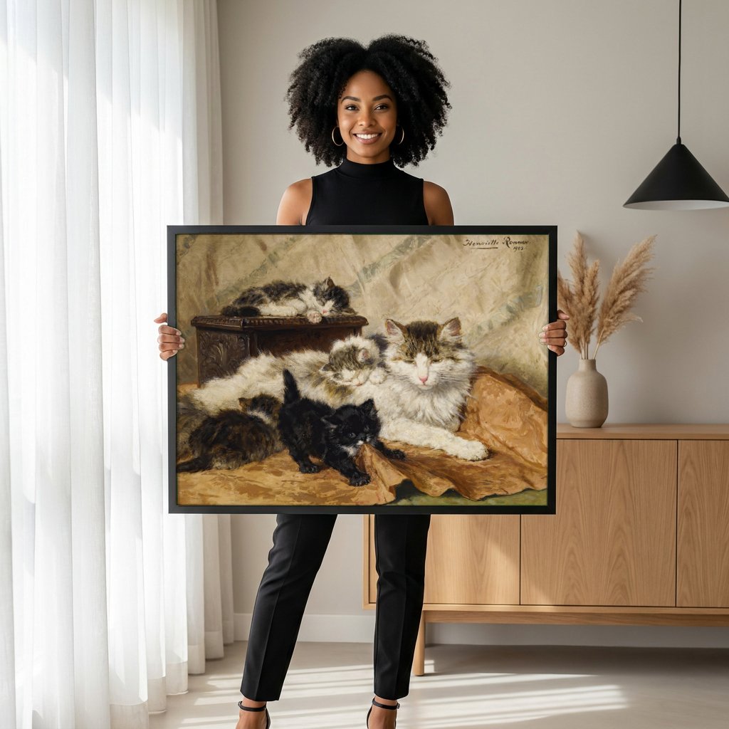 Quadro Decorativo Gatos e Filhotes - Henriëtte Ronner-Knip com modelo em ambiente