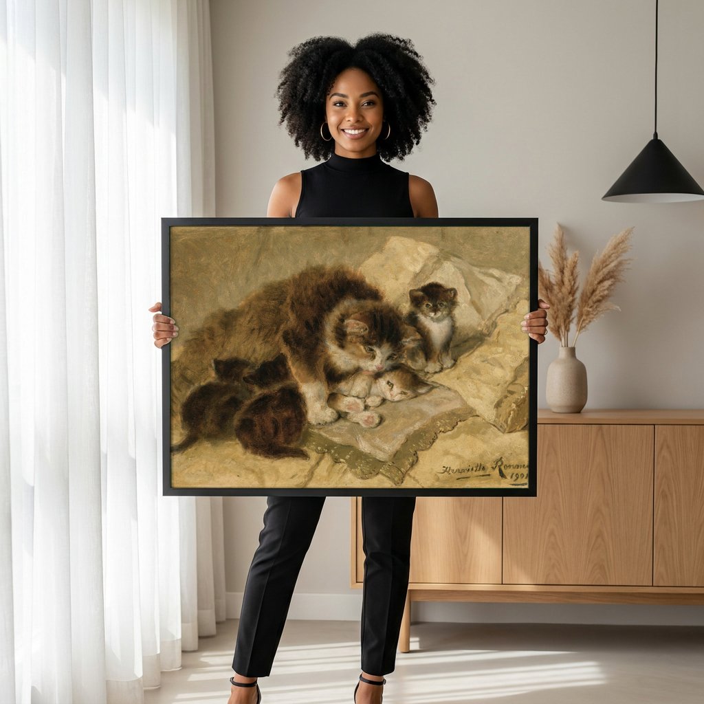 Quadro Decorativo Gatos e Filhotes - Henriëtte Ronner-Knip com modelo em ambiente