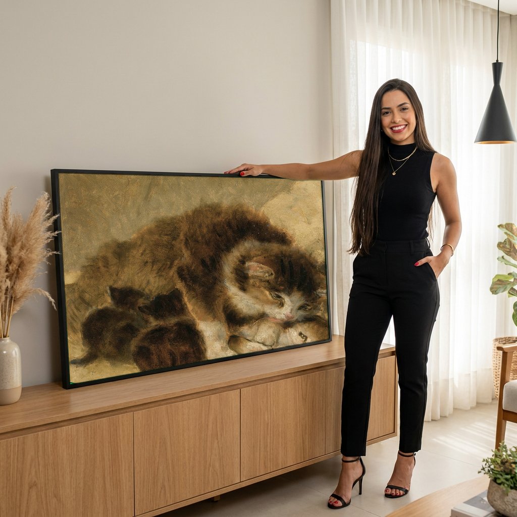 Quadro Decorativo Gatos e Filhotes - Henriëtte Ronner-Knip com modelo em ambiente