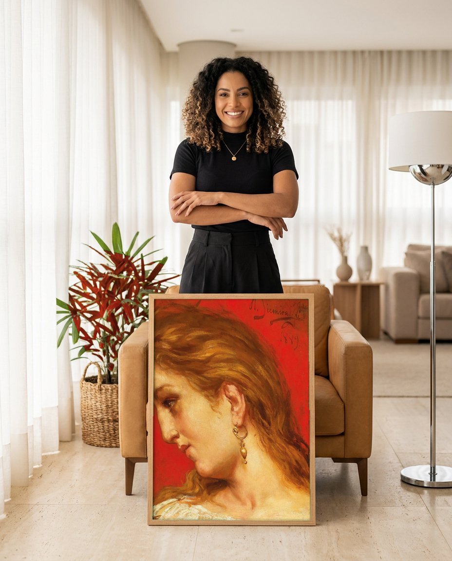 Quadro Decorativo Retrato Feminino – Henryk Siemiradzki com modelo em ambiente