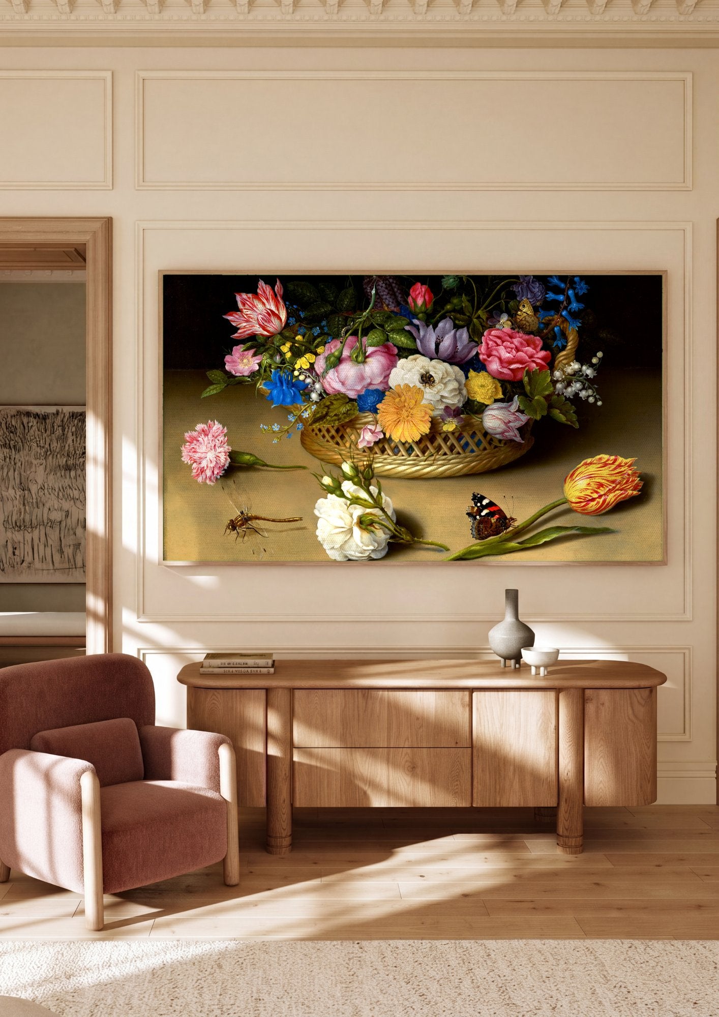 Quadro Decorativo Cesto de Flores e Insetos - Ambrosius Bosschaert em ambiente decorado