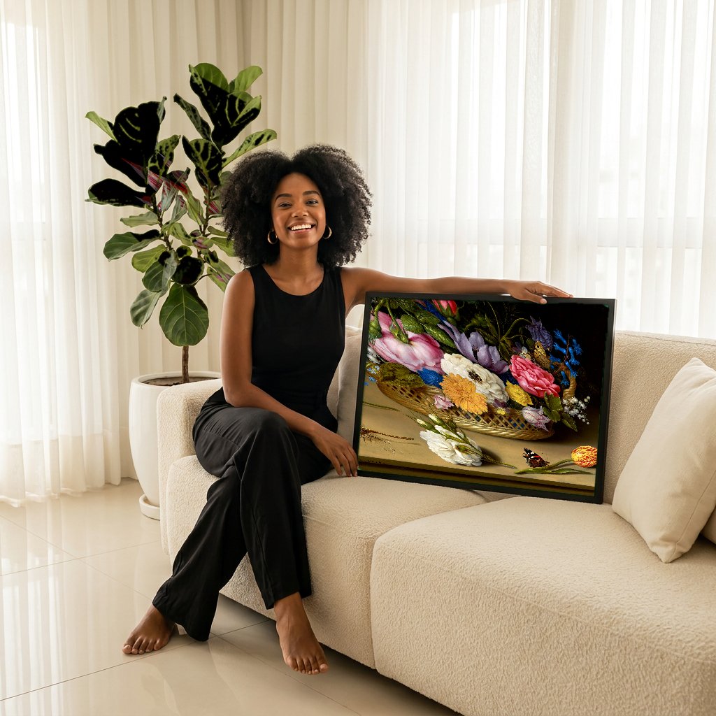 Quadro Decorativo Cesto de Flores e Insetos - Ambrosius Bosschaert com modelo em ambiente