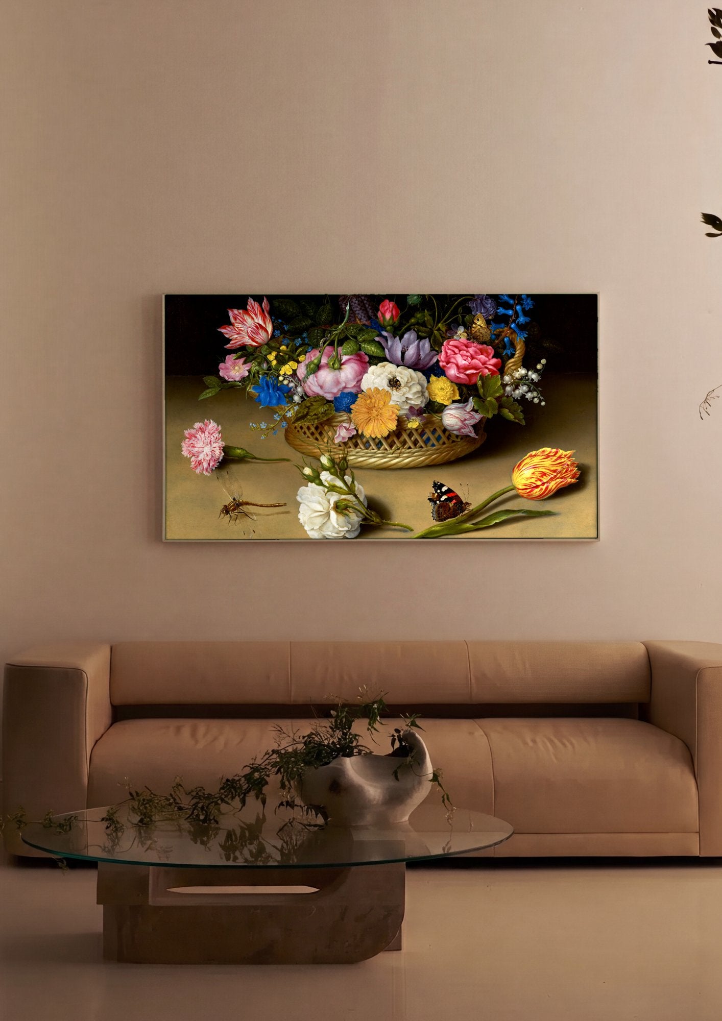 Quadro Decorativo Cesto de Flores e Insetos - Ambrosius Bosschaert em ambiente decorado