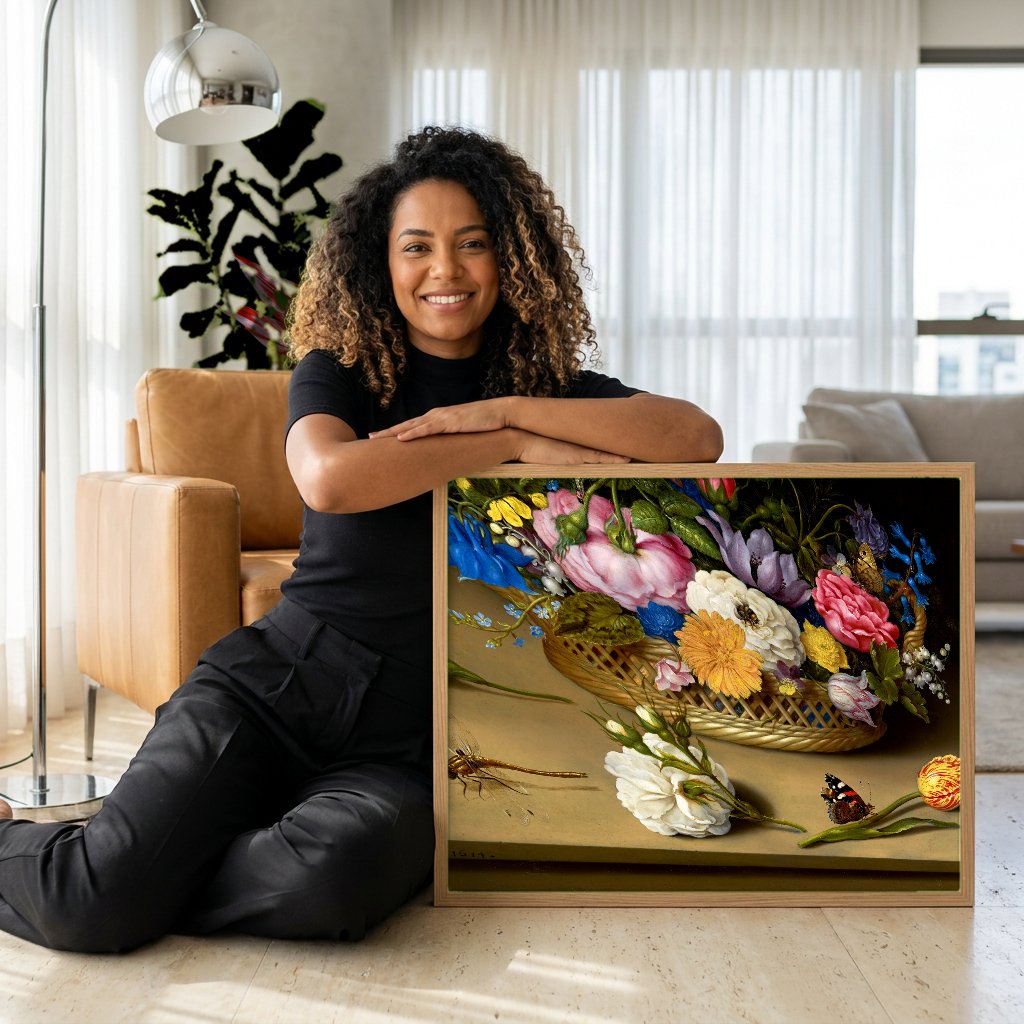 Quadro Decorativo Cesto de Flores e Insetos - Ambrosius Bosschaert com modelo em ambiente