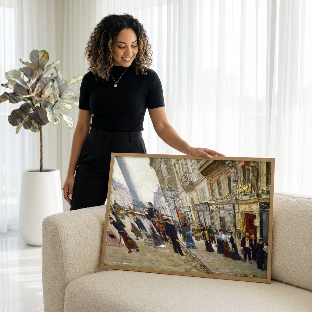 Quadro Decorativo Cena Urbana Parisiense - Jean Béraud com modelo em ambiente