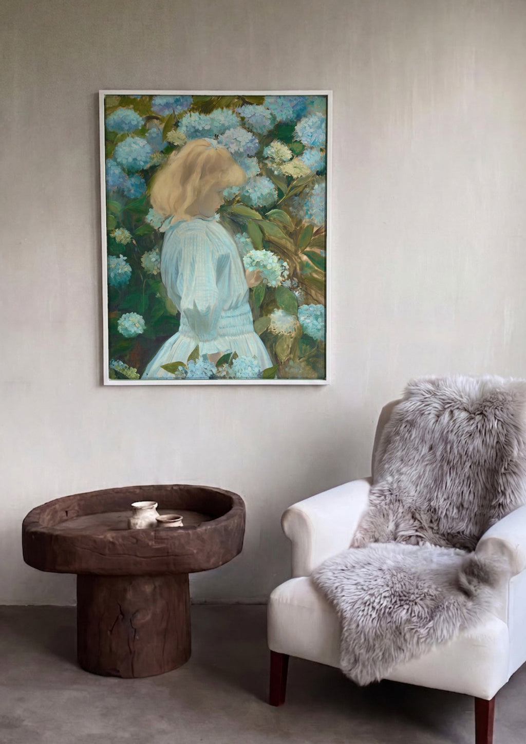 Quadro Decorativo A Garota e as Hortênsias - Jacques Émile Blanche em ambiente decorado