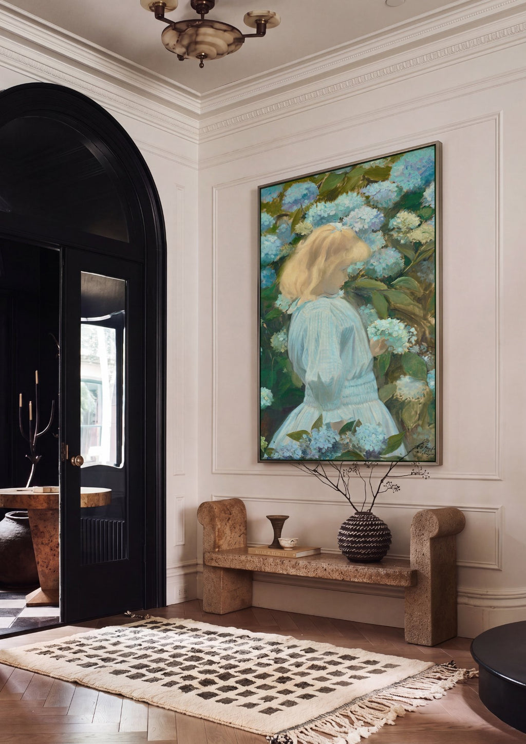 Quadro Decorativo A Garota e as Hortênsias - Jacques Émile Blanche em ambiente decorado