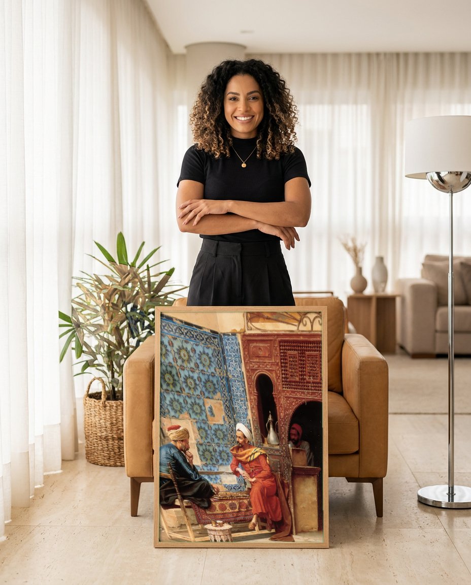 Quadro Decorativo Jogo de Xadrez Oriental - Ludwig Deutsch com modelo em ambiente