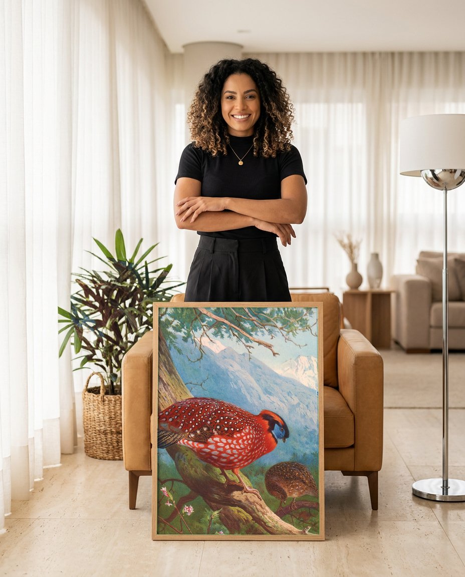 Quadro Decorativo Aves Exóticas em Montanha - Thorburn com modelo em ambiente