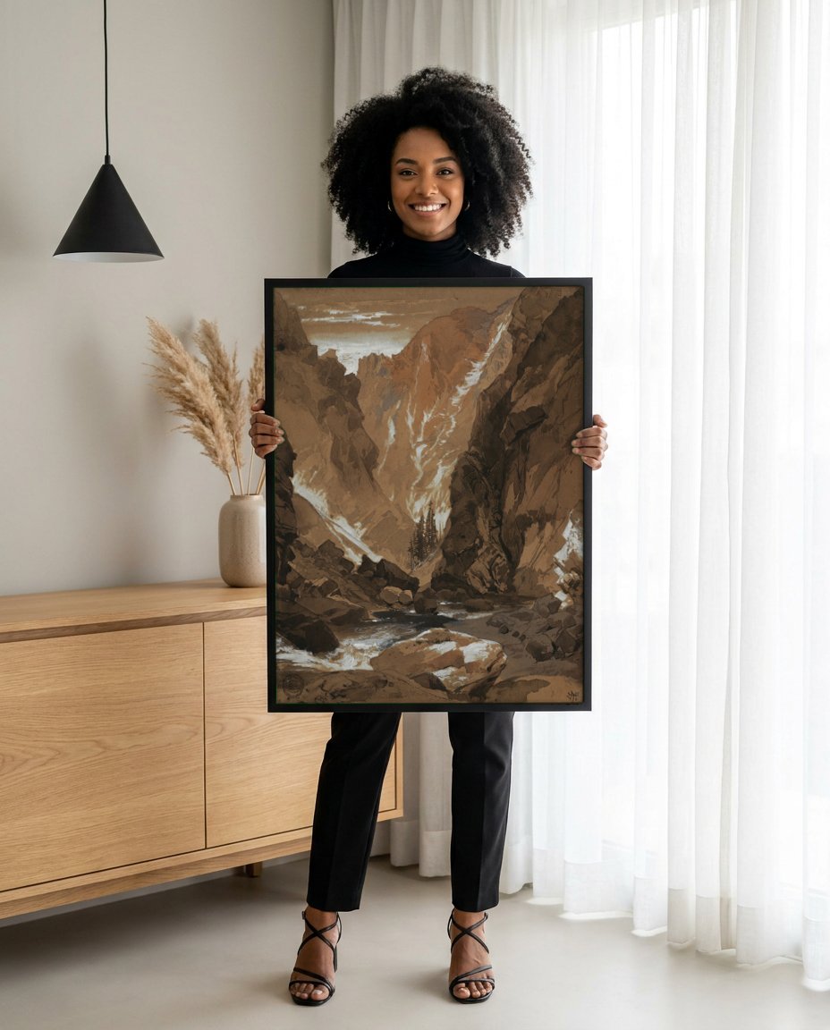 Quadro Decorativo Desfiladeiro nas Montanhas - Thomas Moran com modelo em ambiente