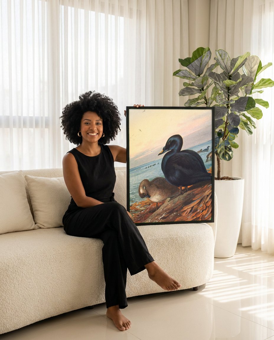 Quadro Decorativo Patos-Marinhos ao Entardecer - Thorburn com modelo em ambiente