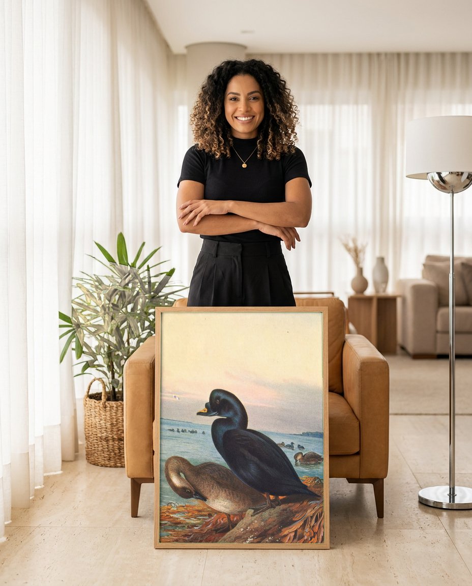 Quadro Decorativo Patos-Marinhos ao Entardecer - Thorburn com modelo em ambiente