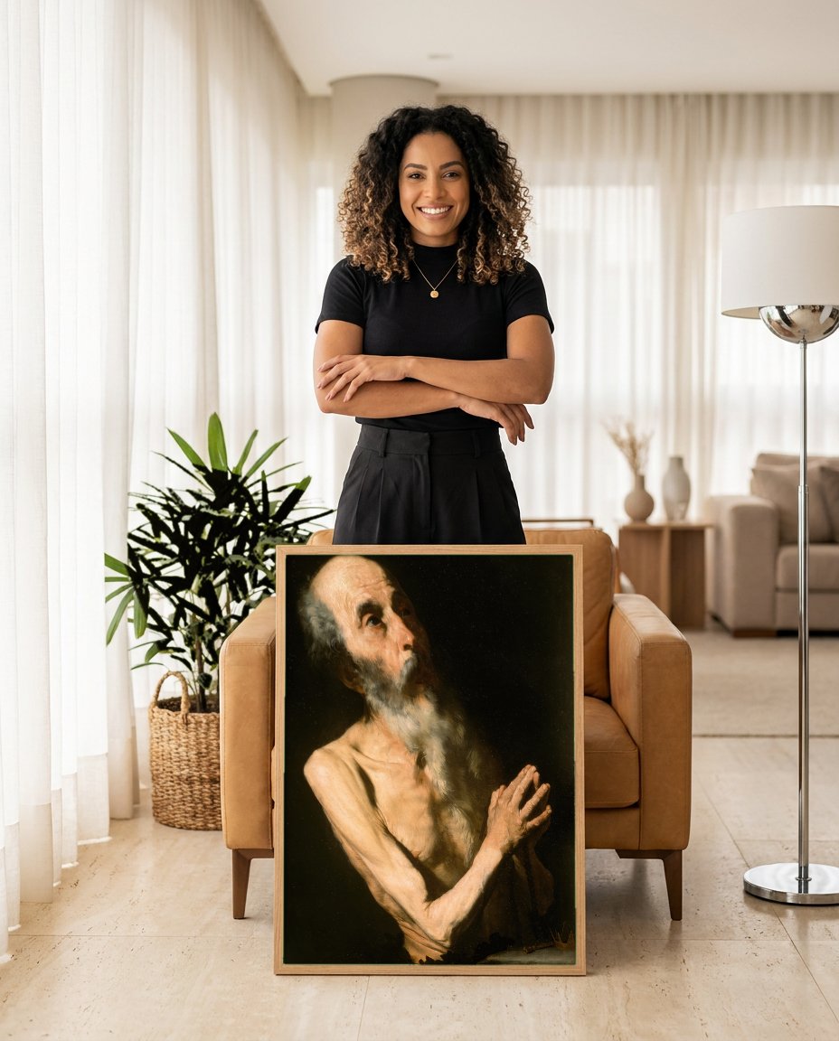 Quadro Decorativo 'São Jerônimo Penitente' - Jusepe de Ribera com modelo em ambiente