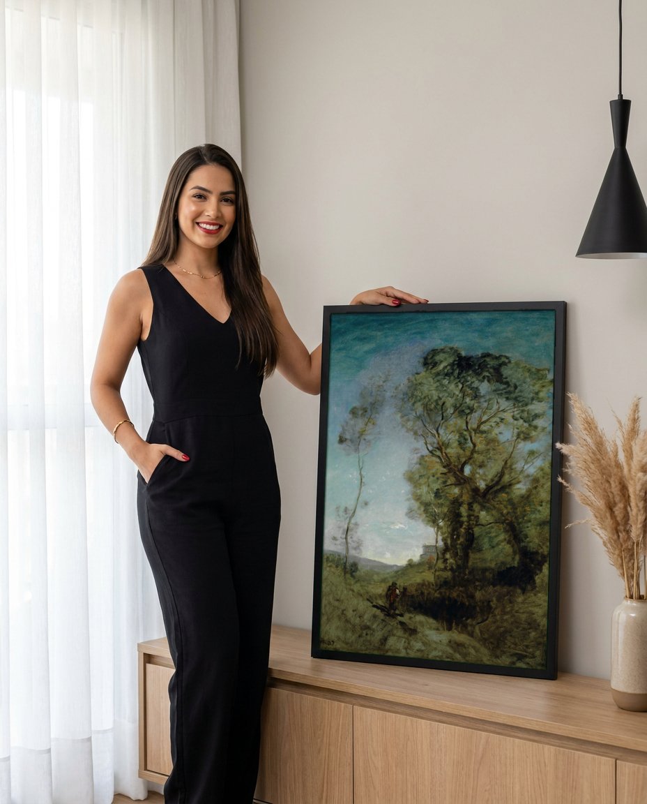 Quadro Decorativo Paisagem com Viajante - Corot com modelo em ambiente