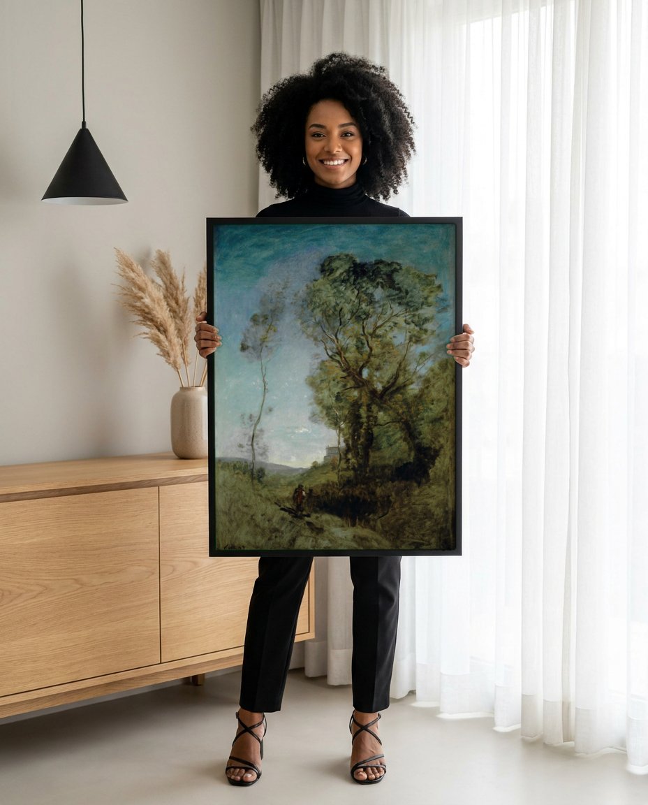 Quadro Decorativo Paisagem com Viajante - Corot com modelo em ambiente