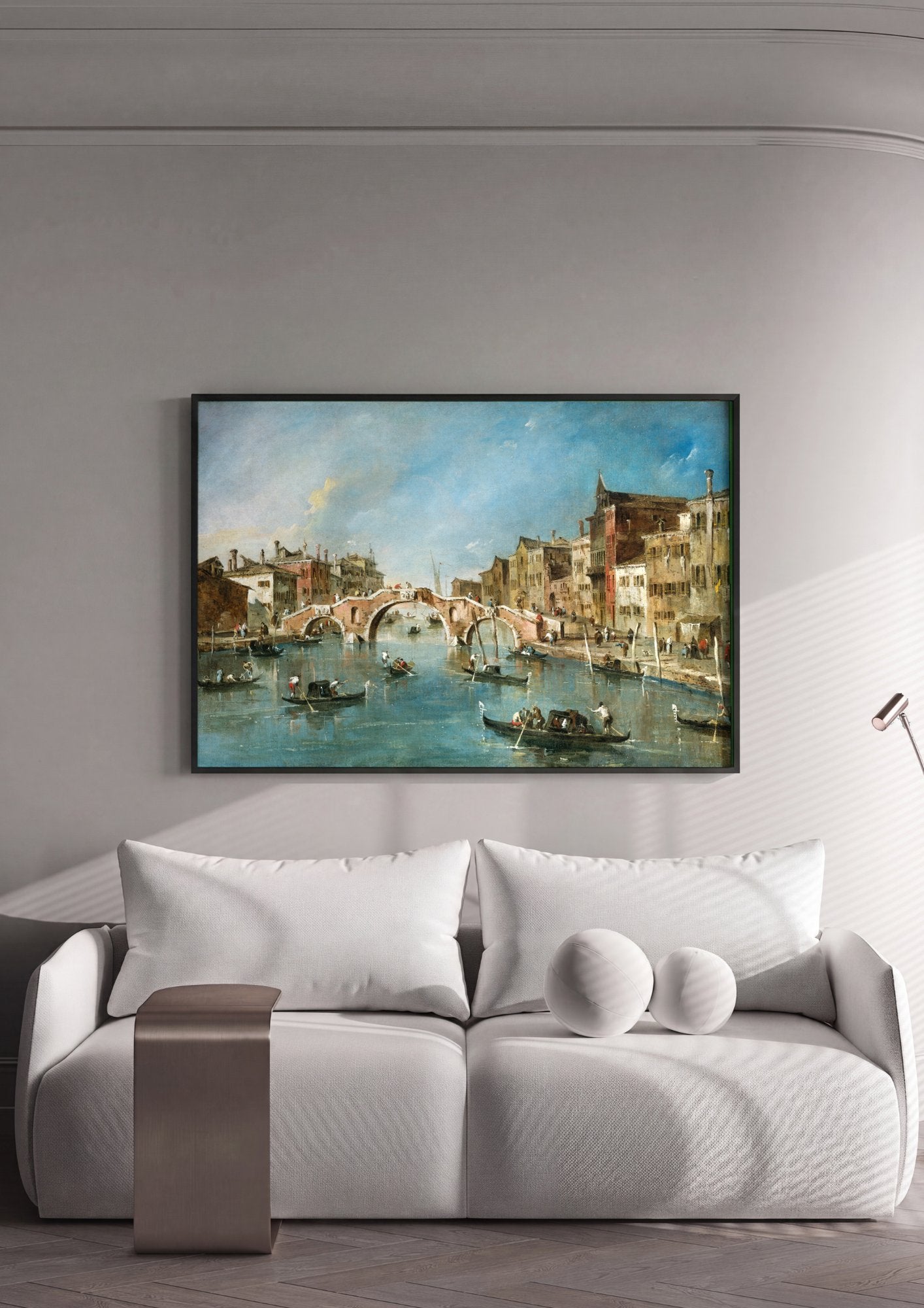 Quadro Decorativo Canal Veneza com Ponte - Francesco Guardi em ambiente decorado