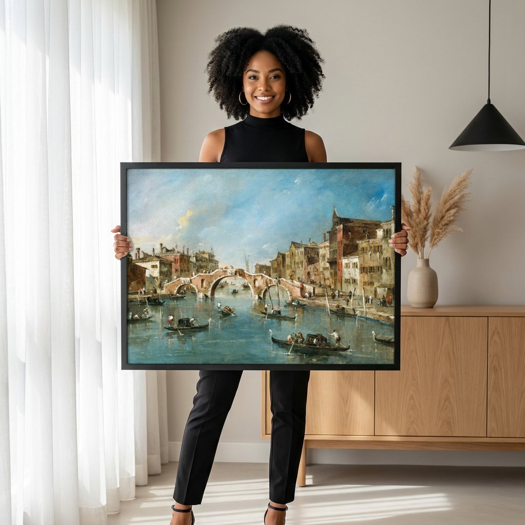 Quadro Decorativo Canal Veneza com Ponte - Francesco Guardi com modelo em ambiente