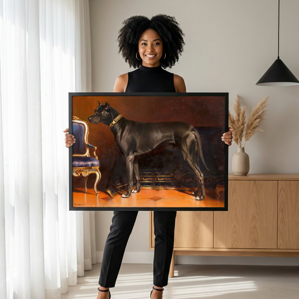 Quadro Decorativo Dogue Alemão Elegante - Carl Reichert com modelo em ambiente
