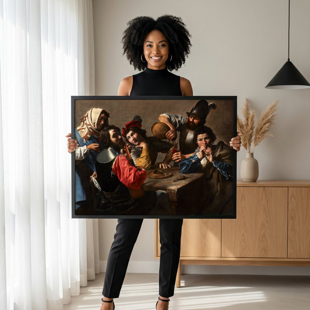 Quadro Decorativo Os Trapaceiros - Valentin de Boulogne com modelo em ambiente