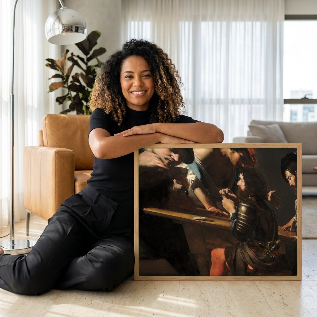 Quadro Decorativo Os Trapaceiros - Valentin de Boulogne com modelo em ambiente