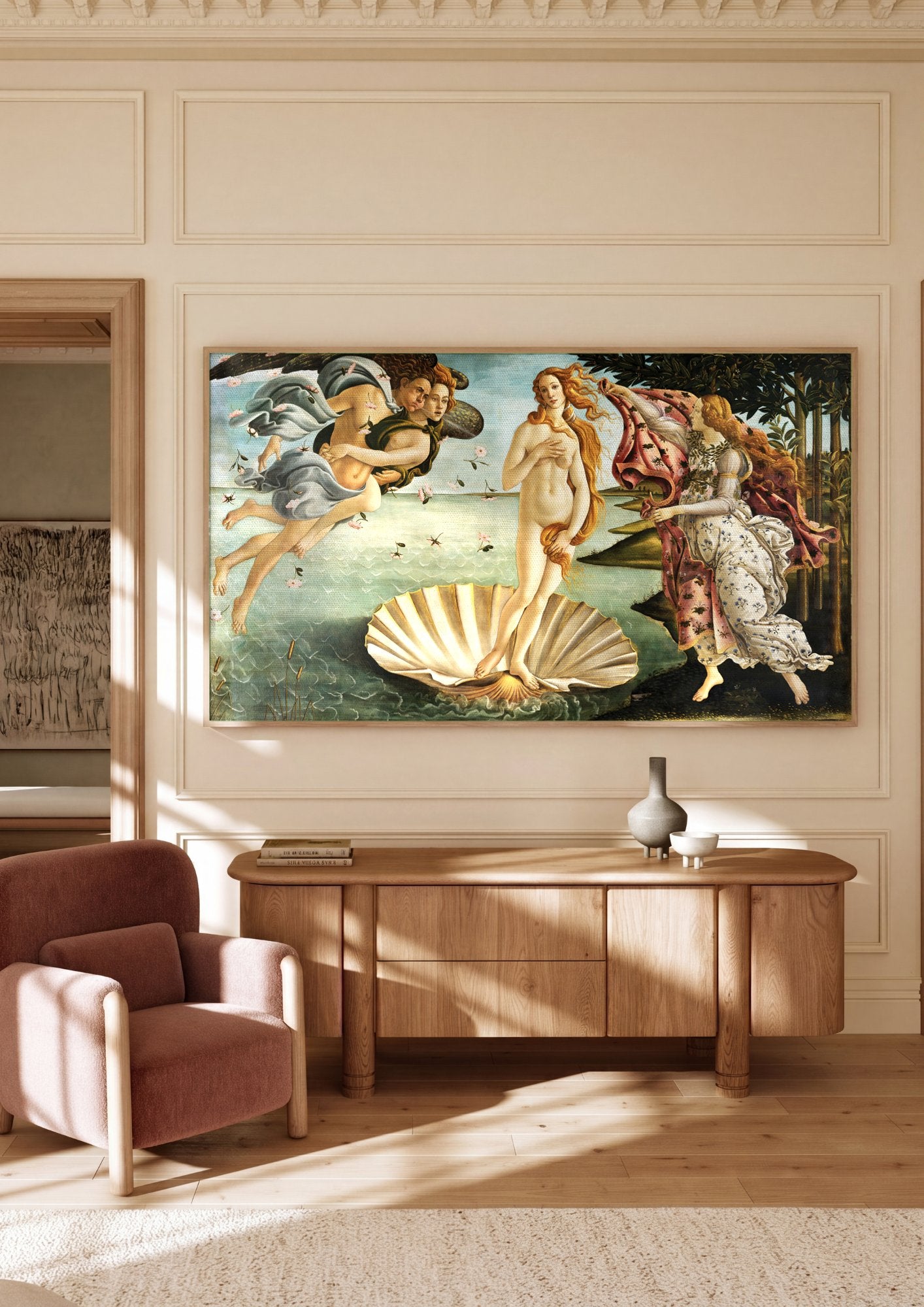 Quadro Decorativo O Nascimento de Vênus - Botticelli em ambiente decorado