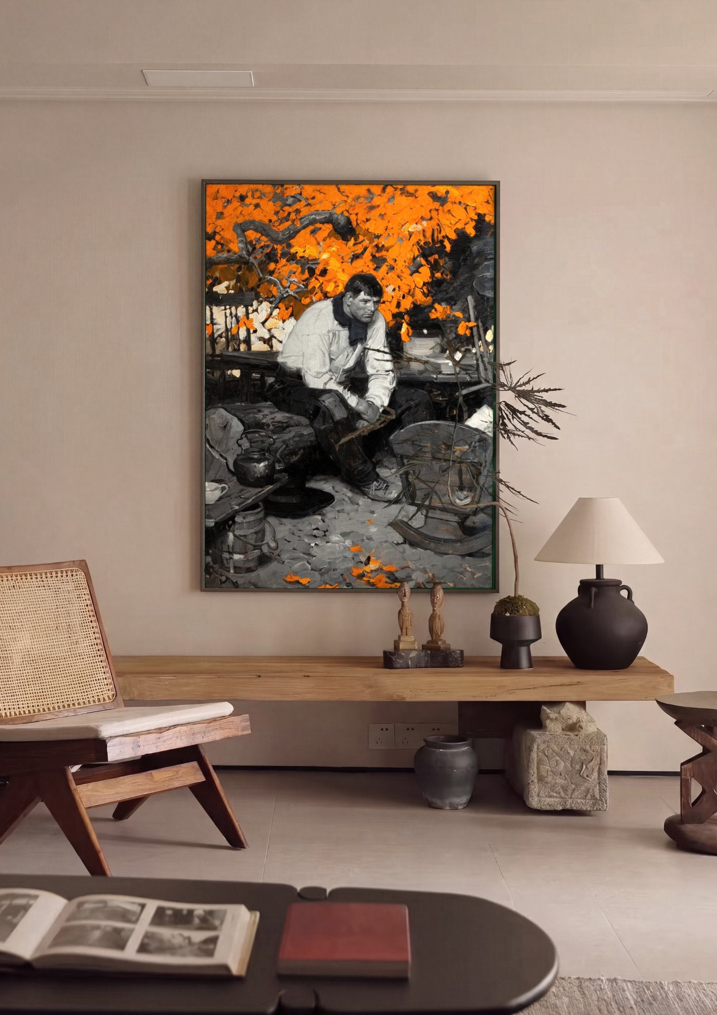 Quadro Decorativo 'O Lenhador' - Dean Cornwell em ambiente decorado