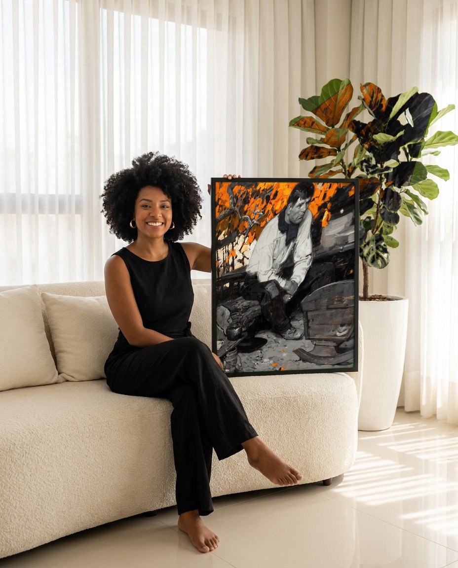 Quadro Decorativo 'O Lenhador' - Dean Cornwell com modelo em ambiente
