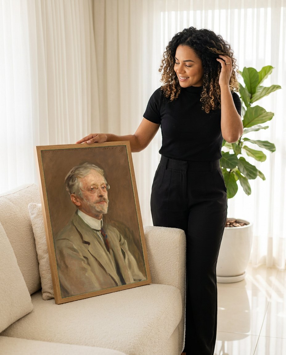 Quadro Decorativo Retrato de Charles Woodbury - John Singer Sargent | modelo apresentando o quadro emoldurado