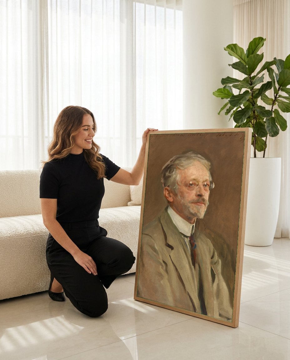 Quadro Decorativo Retrato de Charles Woodbury - John Singer Sargent | modelo apresentando o quadro emoldurado