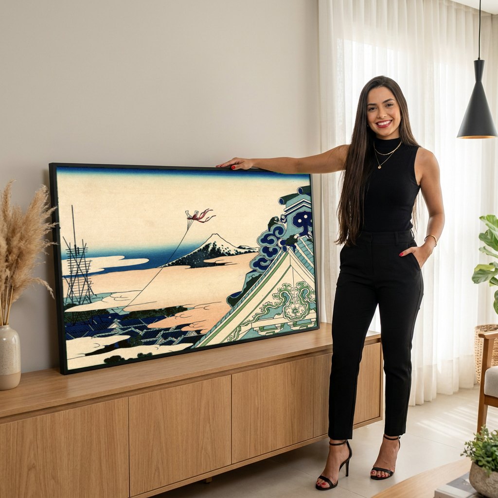 Quadro Decorativo A Pipa do Templo de Honjo - Hokusai | modelo apresentando o quadro emoldurado