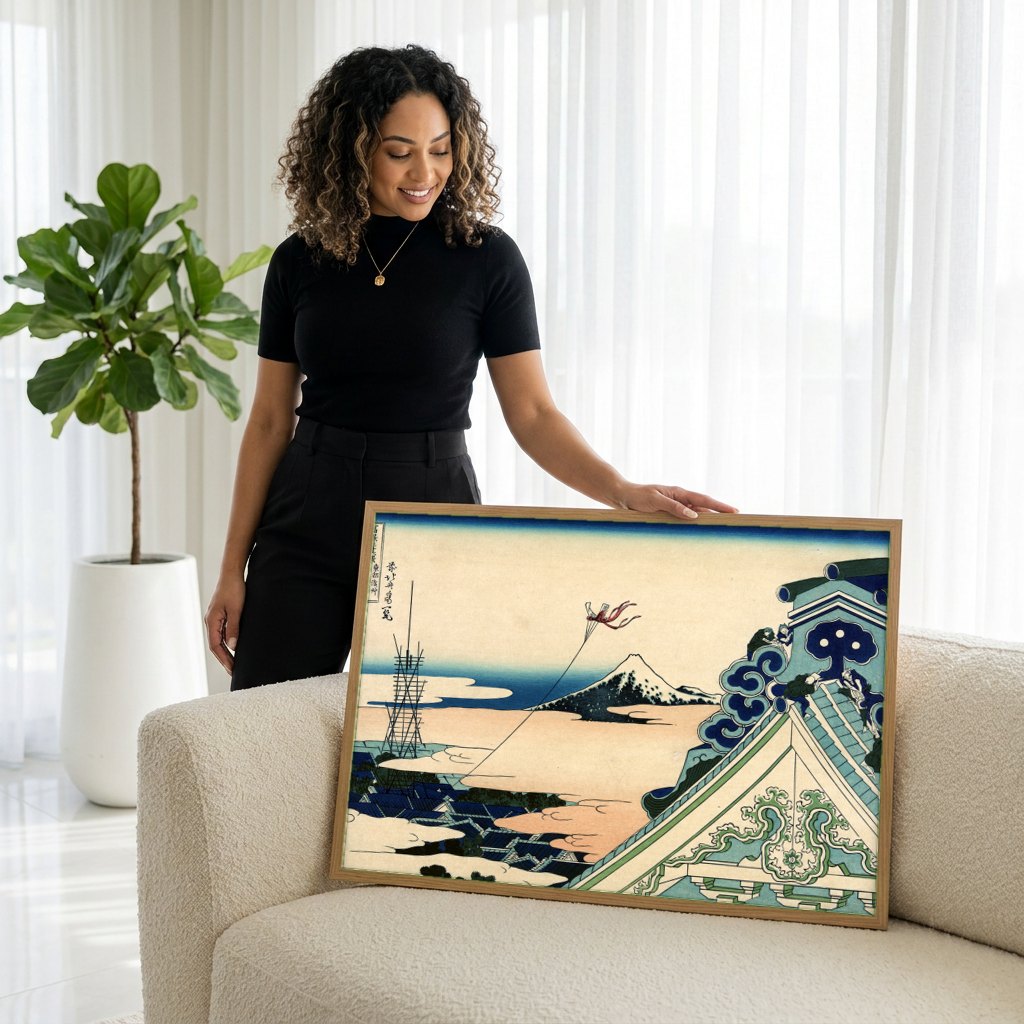 Quadro Decorativo A Pipa do Templo de Honjo - Hokusai | modelo apresentando o quadro emoldurado