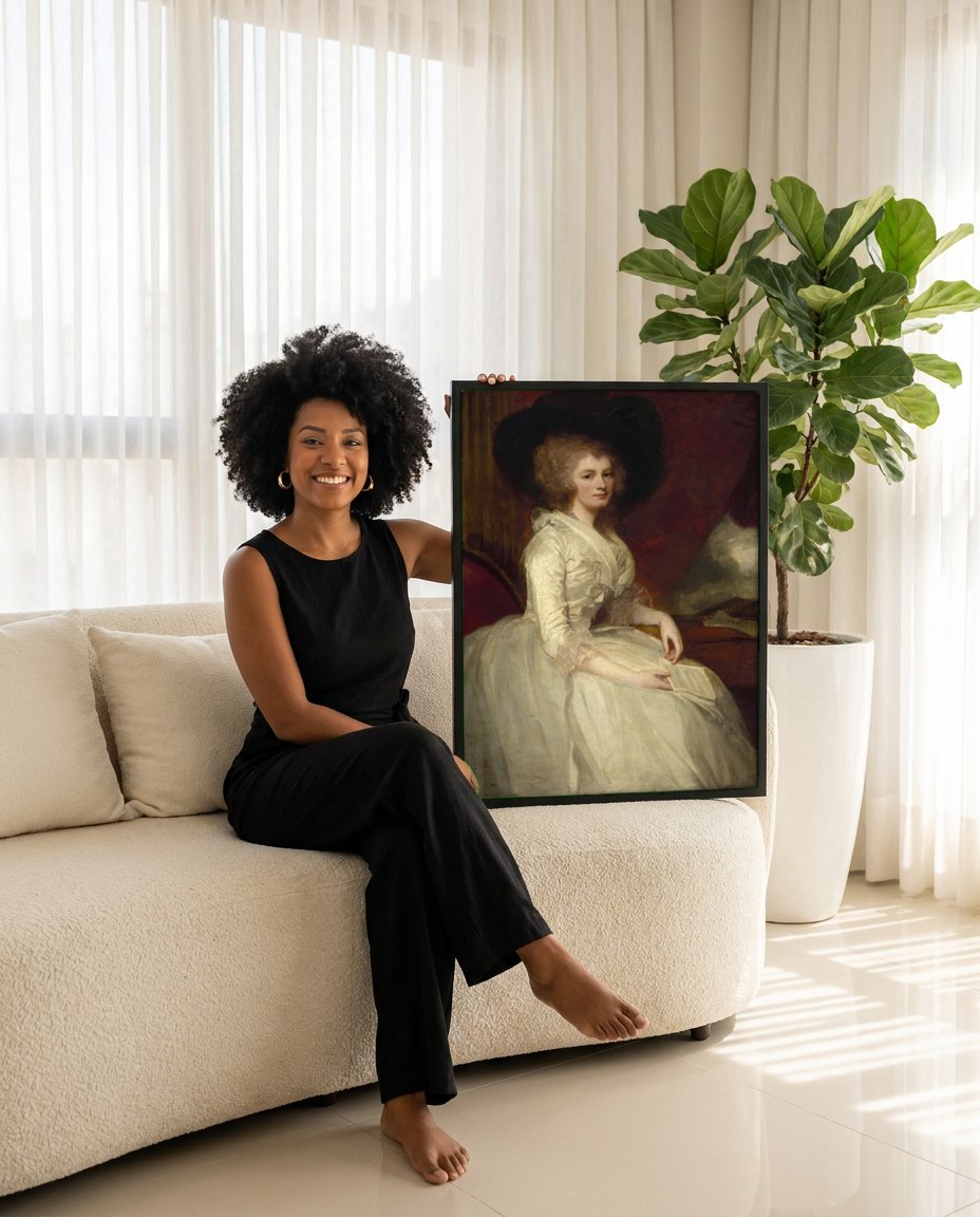 Quadro Decorativo Senhora com Chapéu - George Romney | modelo apresentando o quadro emoldurado