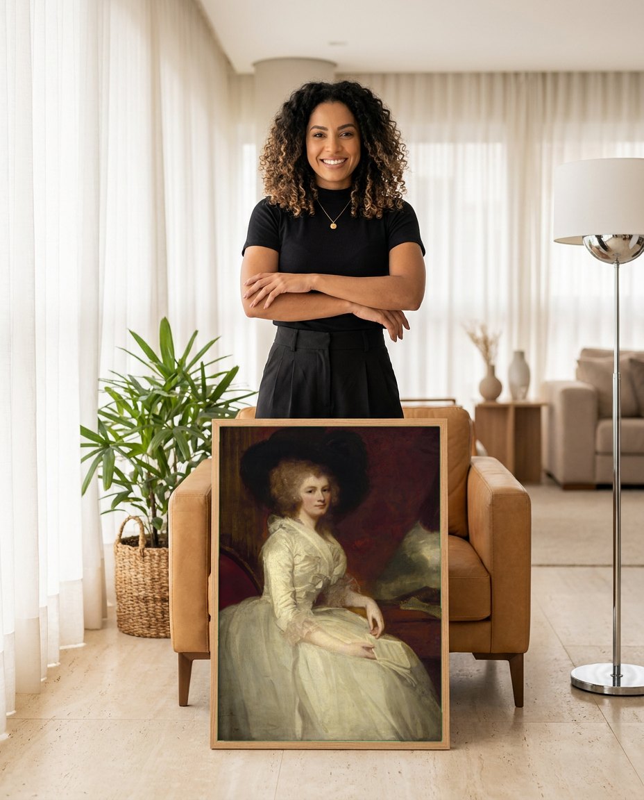 Quadro Decorativo Senhora com Chapéu - George Romney | modelo apresentando o quadro emoldurado