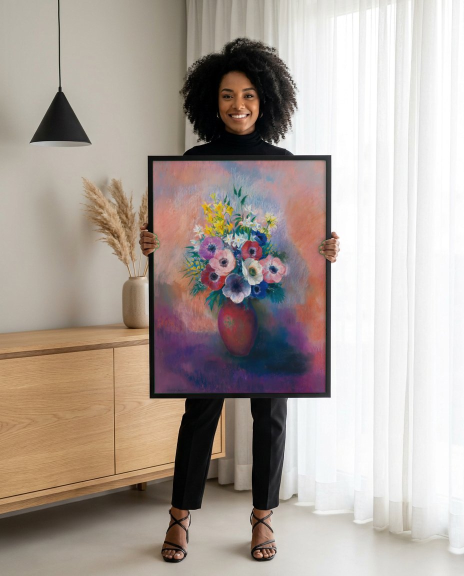 Quadro Decorativo Vaso de Anêmonas - Odilon Redon | modelo apresentando o quadro emoldurado