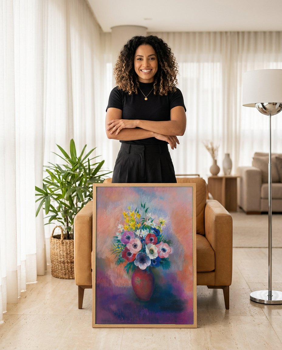 Quadro Decorativo Vaso de Anêmonas - Odilon Redon | modelo apresentando o quadro emoldurado