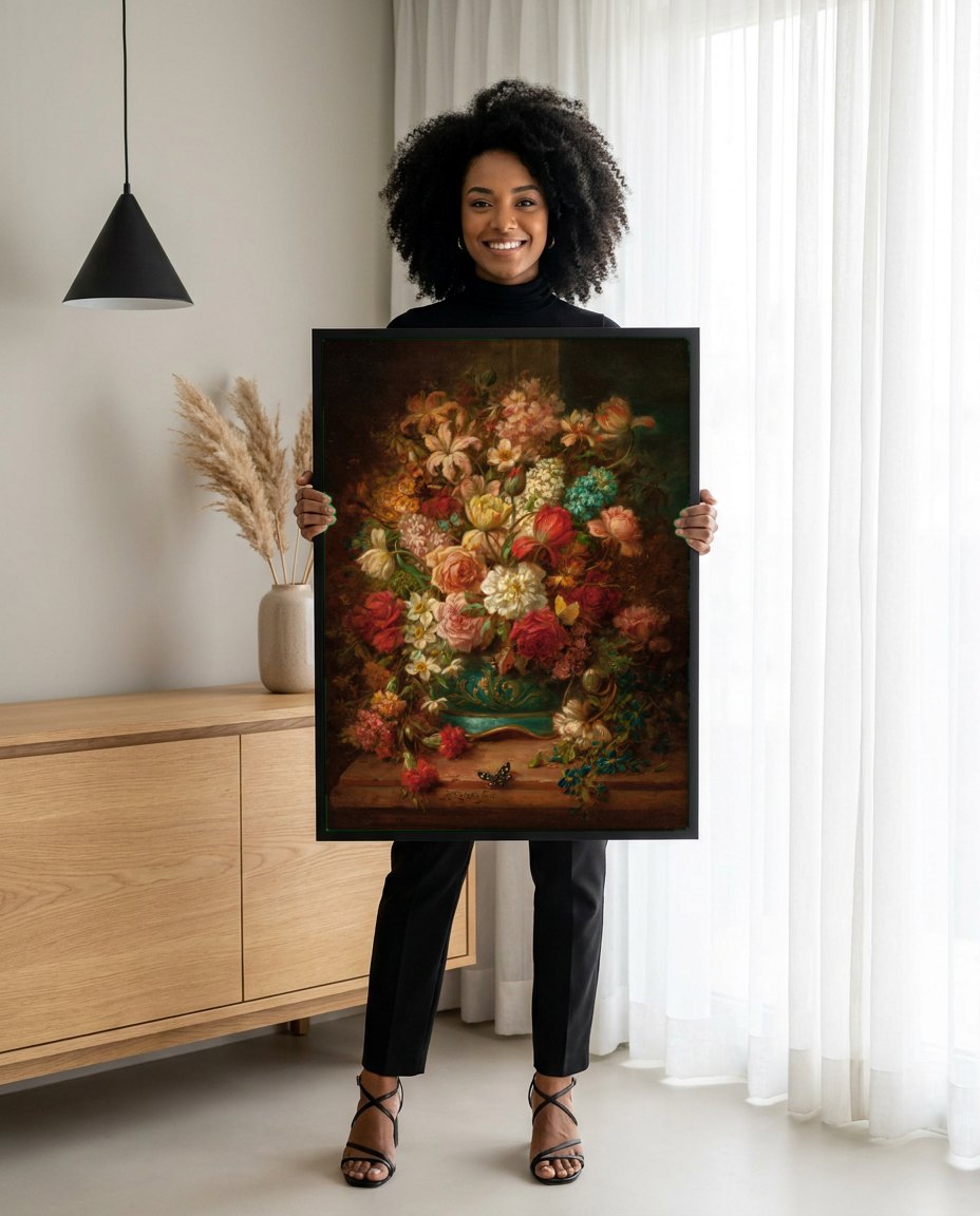 Quadro Decorativo 'Natureza Morta com Flores' - Hans Zatzka | modelo apresentando o quadro emoldurado
