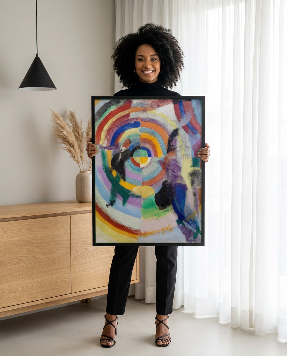 Quadro Decorativo Círculos Cromáticos - Robert Delaunay | modelo apresentando o quadro emoldurado