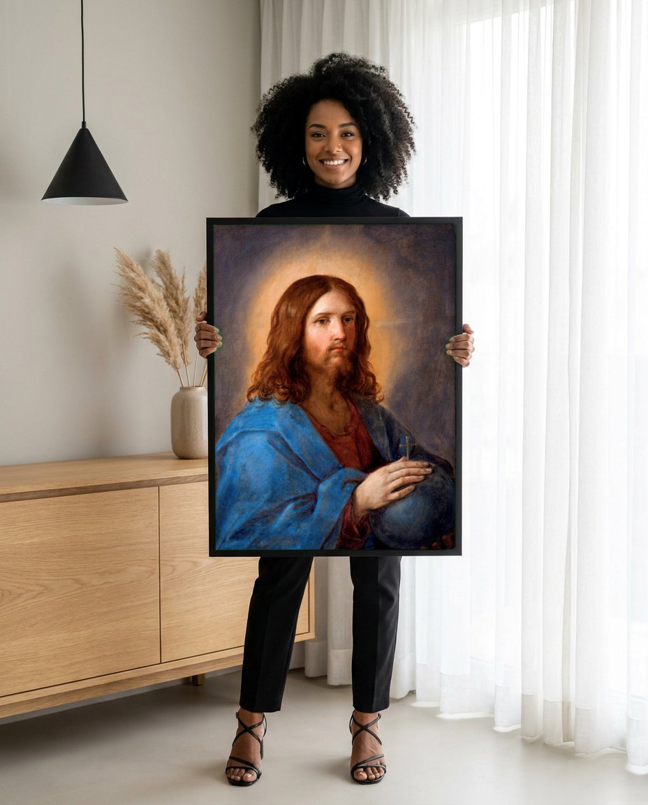 Quadro Decorativo Cristo Salvador - Guido Reni | modelo apresentando o quadro emoldurado