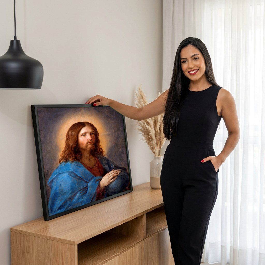 Quadro Decorativo Cristo Salvador - Guido Reni | modelo apresentando o quadro emoldurado