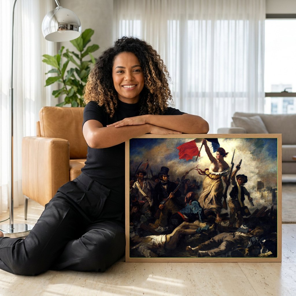 Quadro Decorativo A Liberdade Guiando o Povo - Delacroix | modelo apresentando o quadro emoldurado