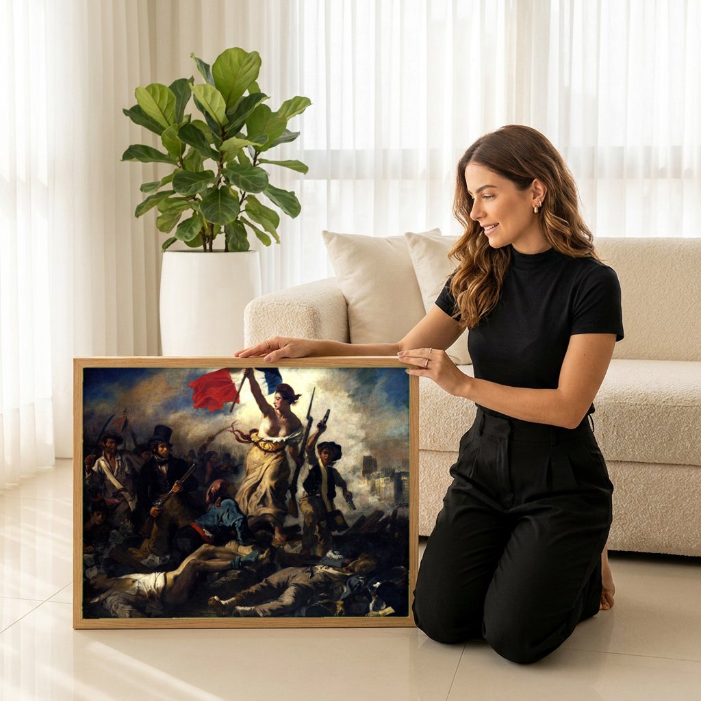Quadro Decorativo A Liberdade Guiando o Povo - Delacroix | modelo apresentando o quadro emoldurado